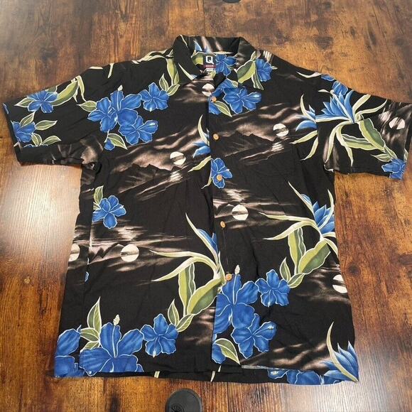Vtg Quicksilver Button Up Shirt Mens XL Hawaiian Floral Made in USA Black - Picture 1 of 6